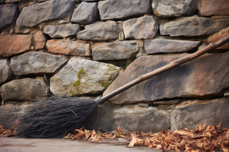 a witchs broom leaning against a stone wall, created with generative aiの素材