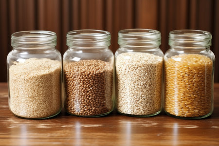 organic grains stored in glass jars, created with generative aiの素材
