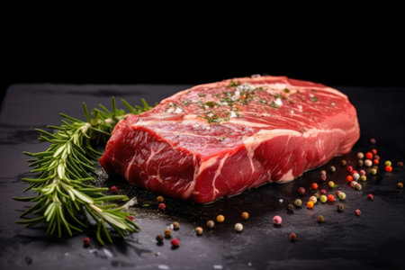 raw steak with herb rub against black background, created with generative aiの素材