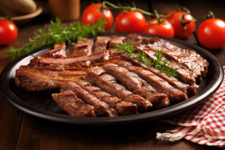 chopped ribs with grill marks on stoneware plate, created with generative aiの素材