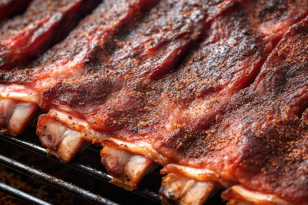 detailed shot of smoked rib texture after being cooked, created with generative aiの素材
