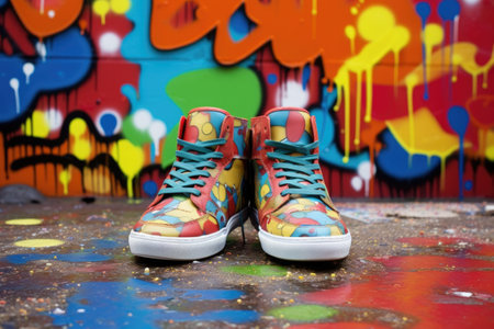 streetly-shoes on colorful graffiti background, created with generative aiの素材