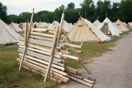 barricade of wooden stakes in a deserted camp, created with generative aiの素材