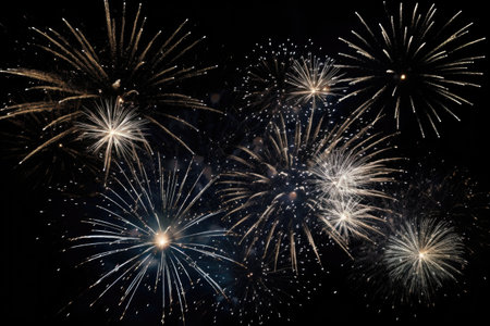 fireworks exploding against black night sky on new years eve, created with generative aiの素材