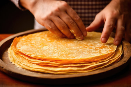 hand holding a tortilla, ready to be layered for huevos rancheros, created with generative aiの素材