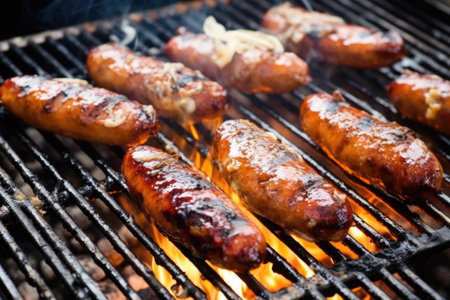 german bratwurst sausages roasting on a classic barbecue, created with generative aiの素材