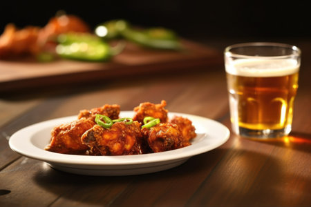 ipa on a coaster next to a ceramic plate of hot wings, created with generative aiの素材