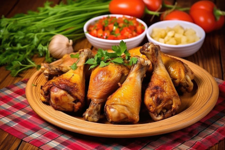 bamboo placemat under a plate of jerk chicken drumsticks, created with generative aiの素材