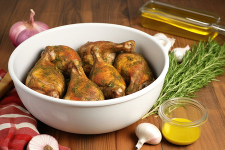 jerk marinade in a bowl with uncooked drumsticks nearby, created with generative aiの素材