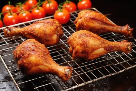 freshly made jerk drumsticks on a metal wire rack, created with generative aiの素材