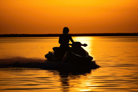 silhouette of a personal watercraft against a setting sun, created with generative aiの素材