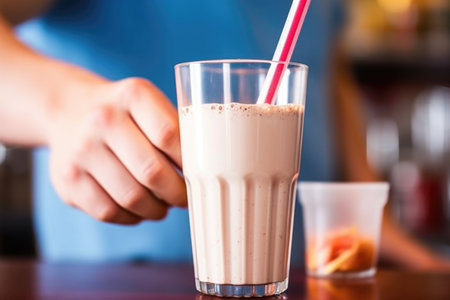 hand inserting a plastic straw into a milkshake cup, created with generative aiの素材