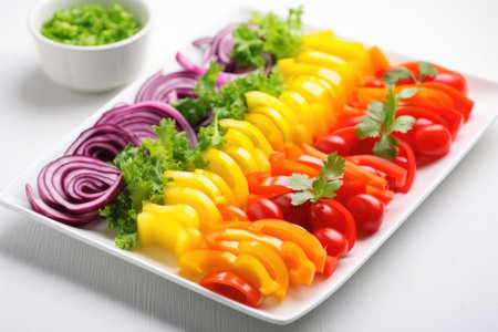 rainbow vegetable skewers arranged on a white tray, created with generative aiの素材