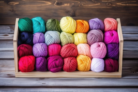 yarn of different colors sorted in a wooden box, created with generative aiの素材