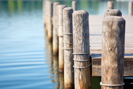close-up of wooden textures of dock posts against lake backdrop, created with generative aiの素材
