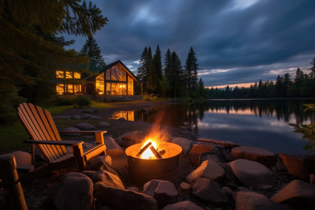 campfire near log cabin and dock by the lake, created with generative aiの素材