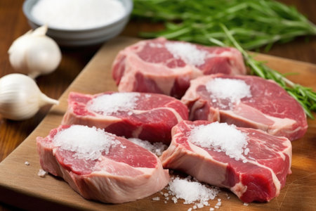 lamb chops with grill marks topped with a pinch of salt, created with generative aiの素材