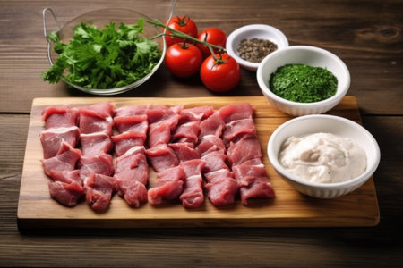 lamb skewers beautifully arranged on a wooden table, created with generative aiの素材