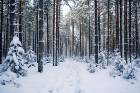a dense pine forest blanketed in snow, created with generative aiの素材