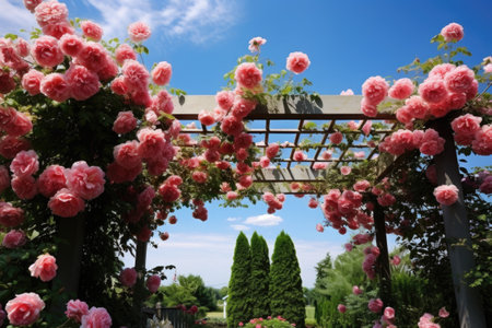 a pergola with climbing roses in full bloom, created with generative aiの素材