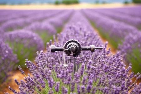 close-up of a sprinkler head in a lavender field, created with generative aiの素材