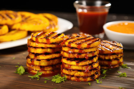 swirls of mango bbq sauce over a stack of grilled plantains, created with generative aiの素材