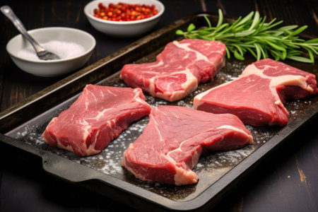 raw lamb chops smeared with a dry rub on a black tray, created with generative aiの素材