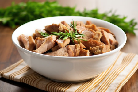 a heap of marinated pork belly strips in a white bowl, created with generative aiの素材