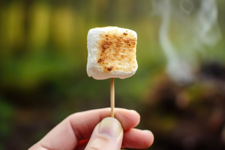 hand holding toasted marshmallow on a stick, created with generative aiの素材
