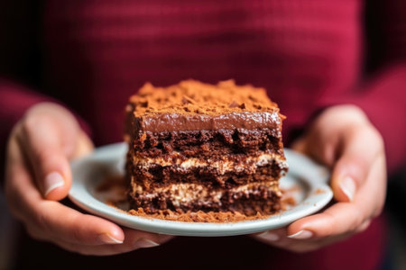 holding a slice of freshly-baked mexican chocolate cake, created with generative aiの素材