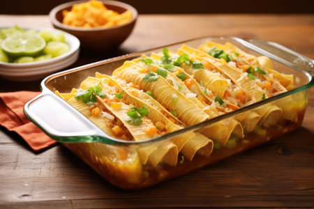 assembling a mexican enchilada in a baking dish, created with generative aiの素材