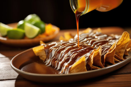 pouring mole sauce over a plate of enchiladas, created with generative aiの素材