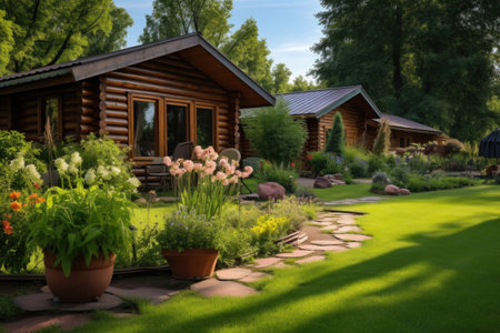 log cabins exterior view with a lush garden backdrop, created with generative aiの素材