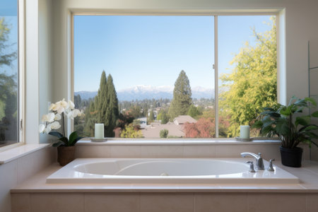 bathroom view through a glass window, created with generative aiの素材