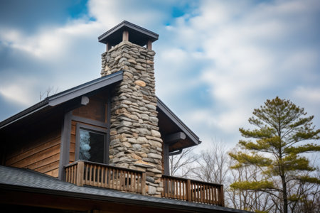 stone chimney on a log cabin roof, created with generative aiの素材