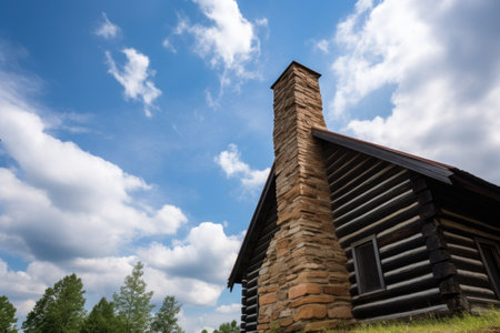 a snapshot of a stone chimney of log cabin against cloudy sky, created with generative aiの素材