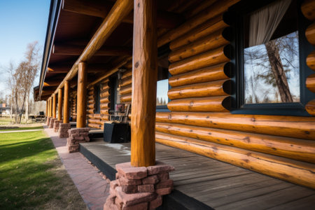 close-up of log cabins exterior woodwork, created with generative aiの素材