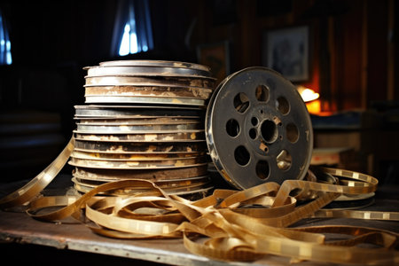 a movie reel sitting on top of a pile of filmstrips, created with generative aiの素材