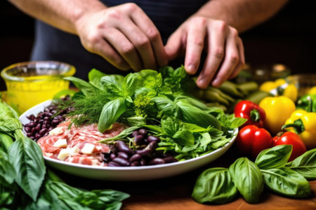 hand plucking fresh basil leaves over a nicoise salad, created with generative aiの素材