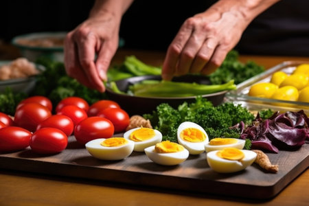 making a nicoise salad: a hand placing eggs, created with generative aiの素材