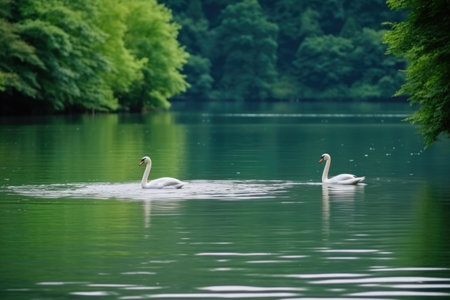 white swans swimming in a tranquil lake, created with generative aiの素材