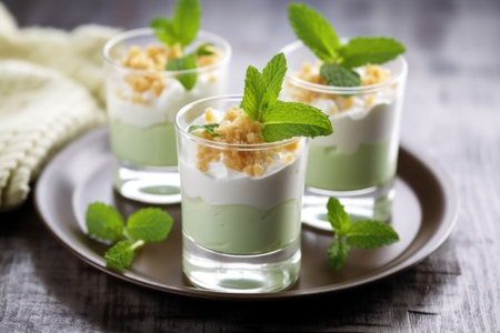 decorating parfait with fresh mint leaves, created with generative aiの素材