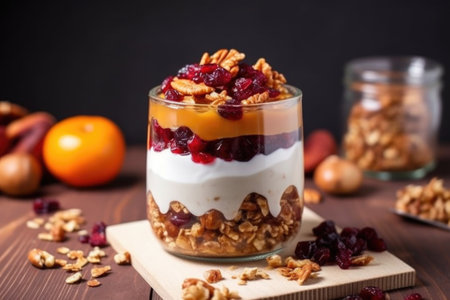 adding dried fruits in oats parfait, created with generative aiの素材