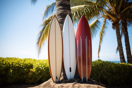 two surfboards leaning against a palm tree, created with generative aiの素材