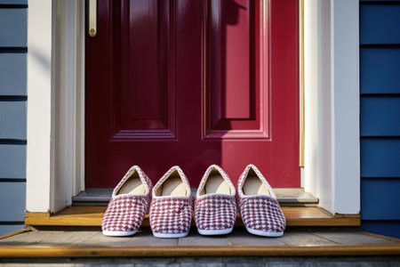 a pair of matching house slippers at a doorstep, created with generative aiの素材