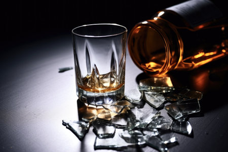 detail shot of a broken glass next to a bottle of alcohol, created with generative aiの素材