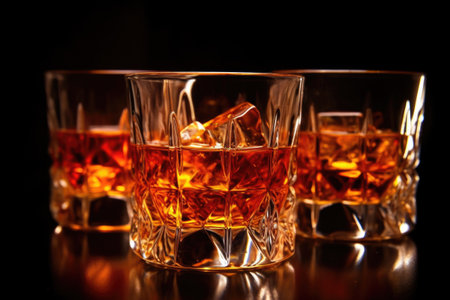 close-up on flaming shot glasses in a dark background, created with generative aiの素材