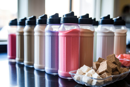 group of water bottles huddled around a protein shake, created with generative aiの素材