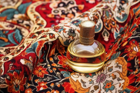 perfume bottle against a background of patterned fabric, created with generative aiの素材