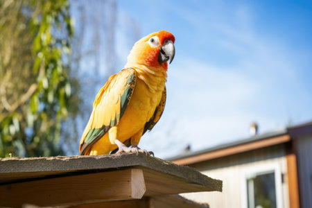 parrot sitting on a sturdy bird perch, created with generative aiの素材